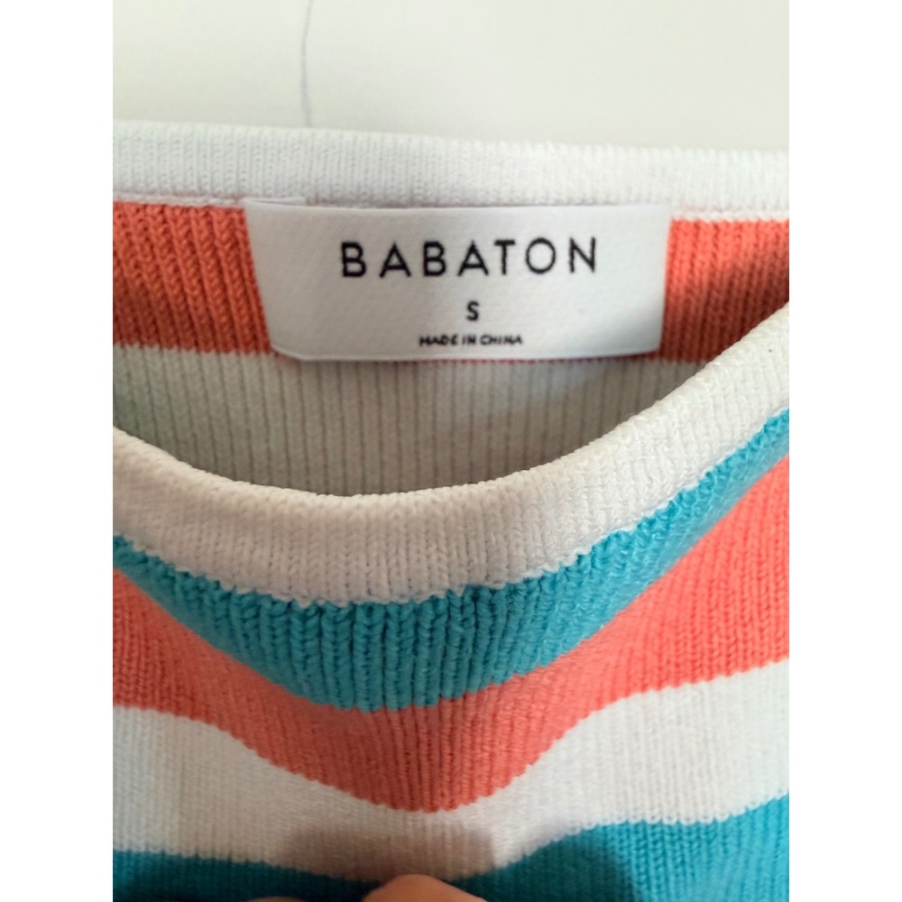 Babaton Sculpt Knit Striped Crop Top Square Neck Tank Coral Teal White Sz Small - Picture 4 of 6
